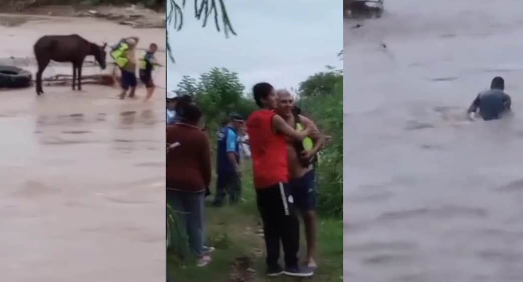 [Monterizos] Video: la Policía salvó a un hombre y a su caballo que habían sido arrastrados por la corriente